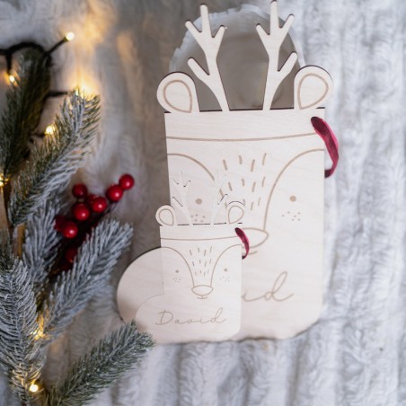 Calcetín Navidad chimenea reno de madera