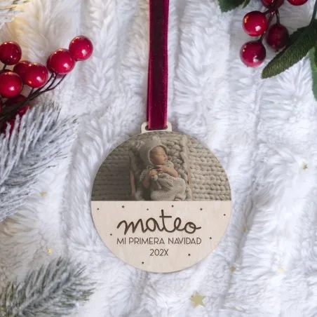 Adorno Navidad con foto - Mi primera Navidad · ejemplo de personalización
