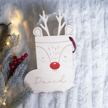 Calcetín Navidad chimenea reno de madera
