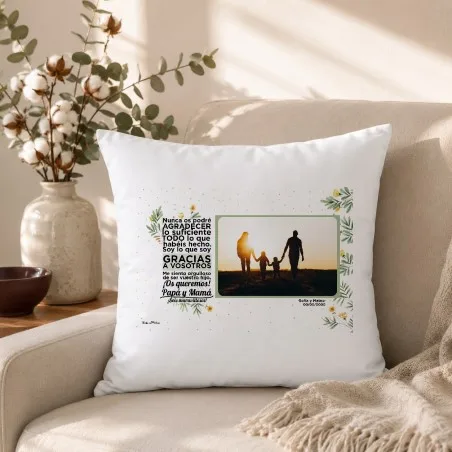 Cojín personalizado con foto - Gracias a vosotros Papá y Mamá | Hakuna Mataza