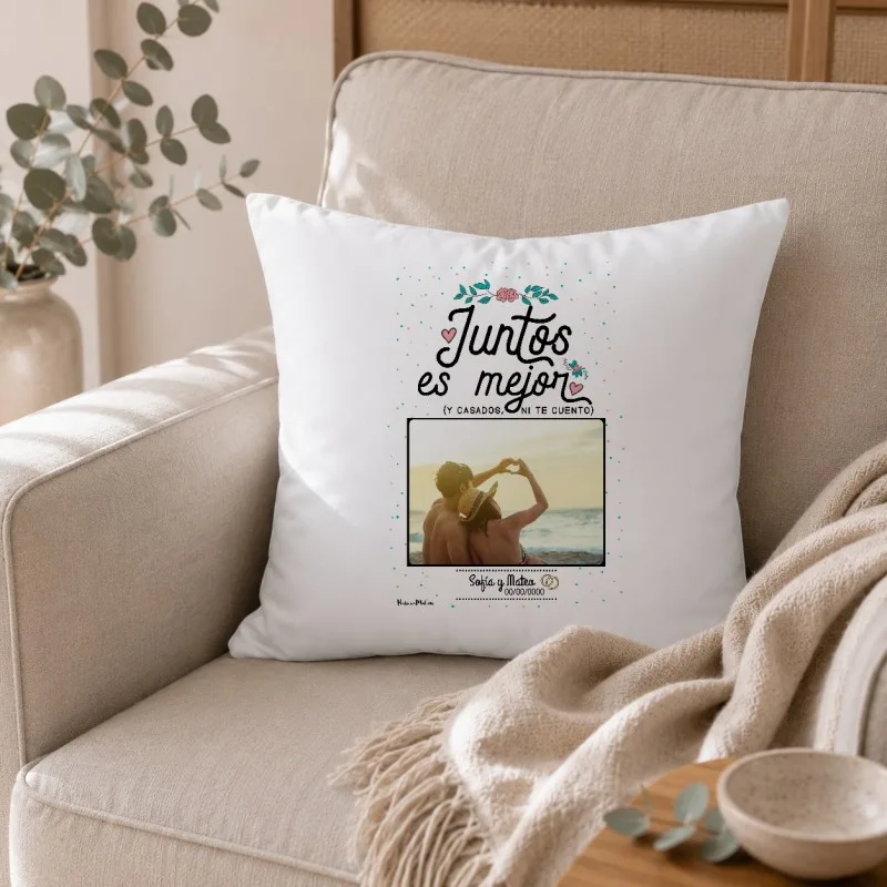 Cojín con foto personalizado - Juntos es mejor y casados ni te cuento | Hakuna Mataza