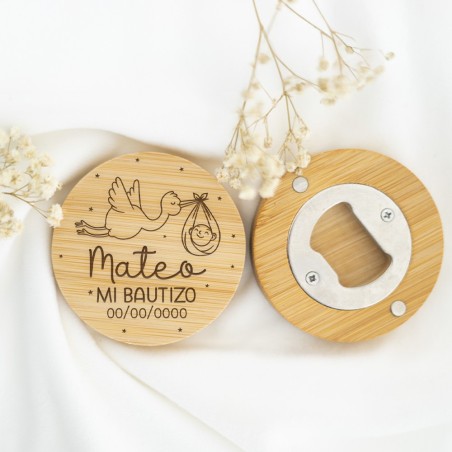 Abridor de madera personalizado - Cigüeña bautizo