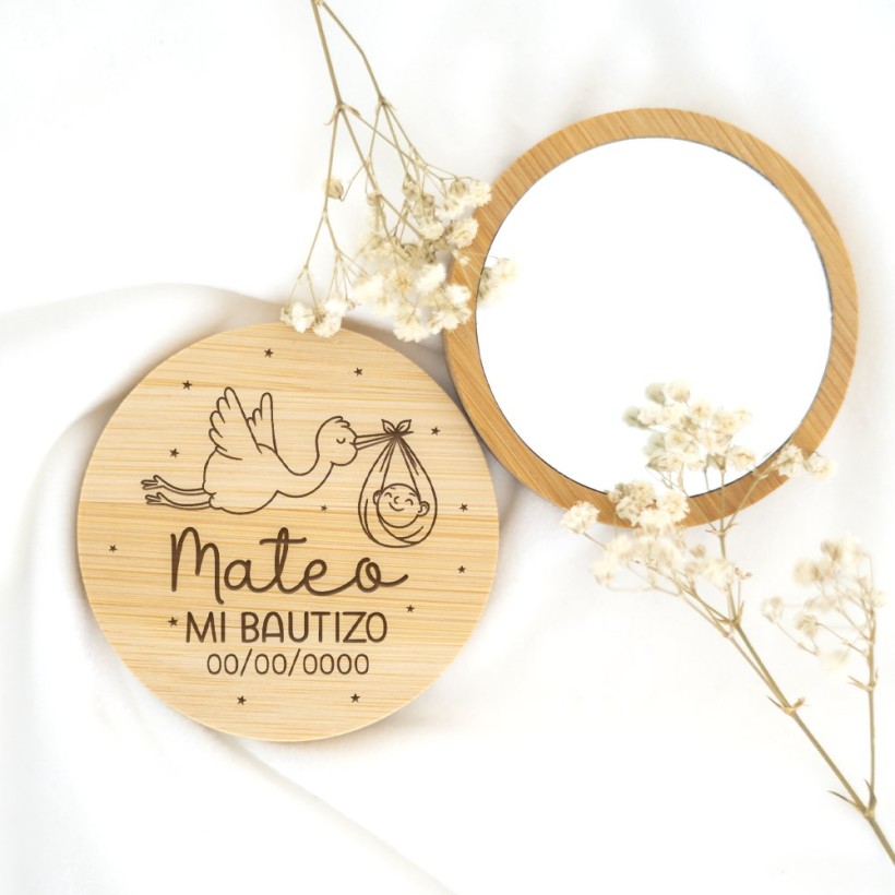 Espejo de madera personalizado - Cigüeña bautizo