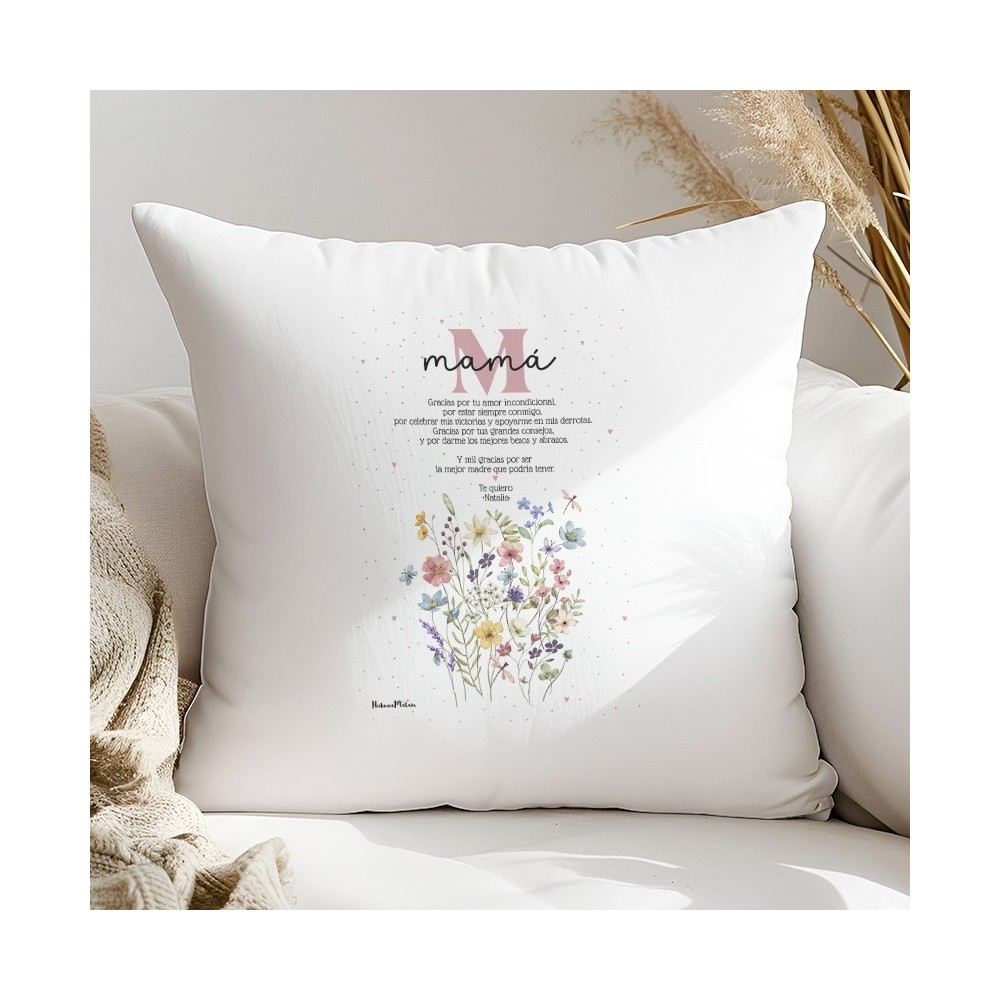Cojín personalizado - Inicial floral con dedicatoria