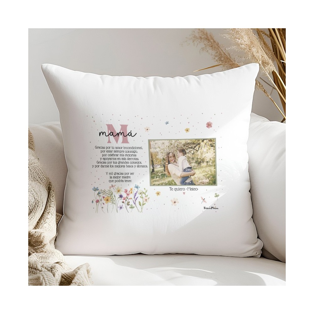 Cojín con foto personalizado - Inicial floral con dedicatoria