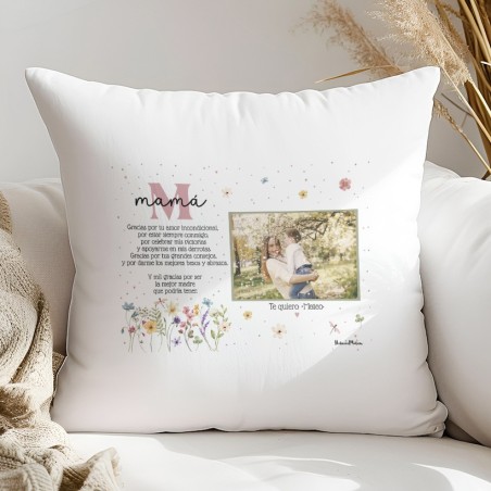 Cojín con foto personalizado - Inicial floral con dedicatoria