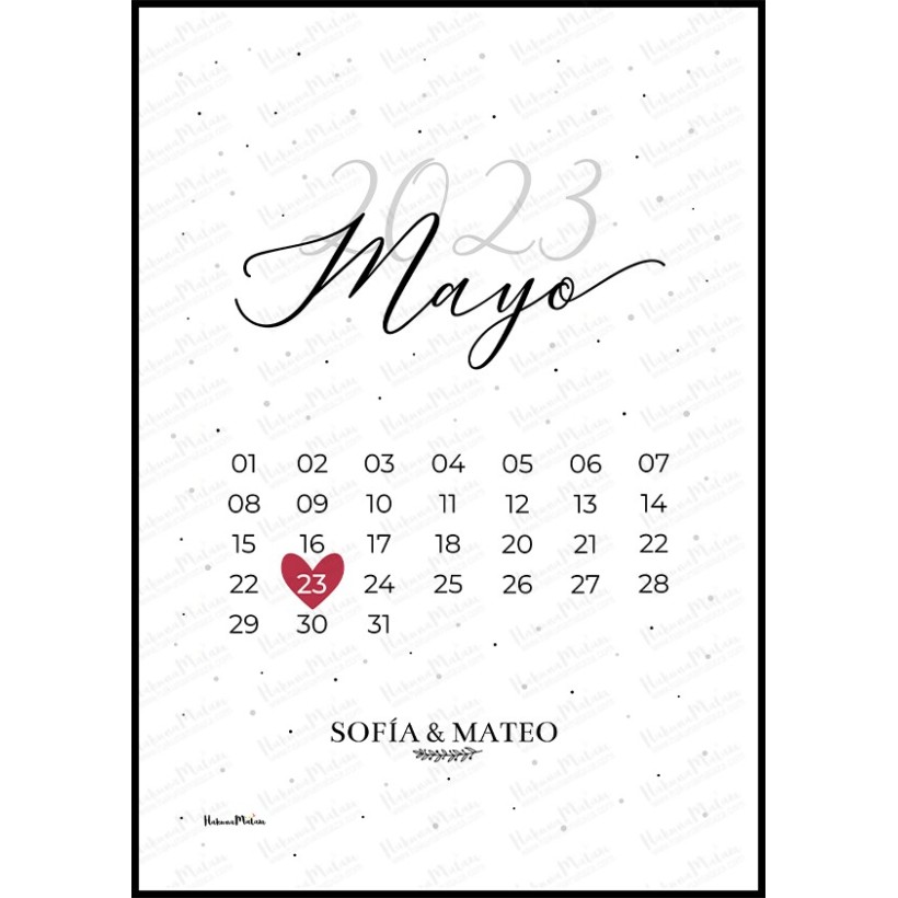 Lámina calendario personalizada con fecha marcada en rojo