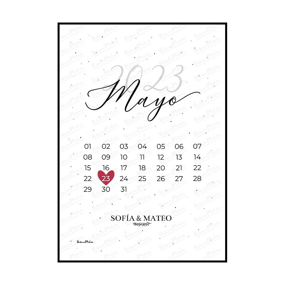 Lámina calendario personalizada con fecha marcada en rojo