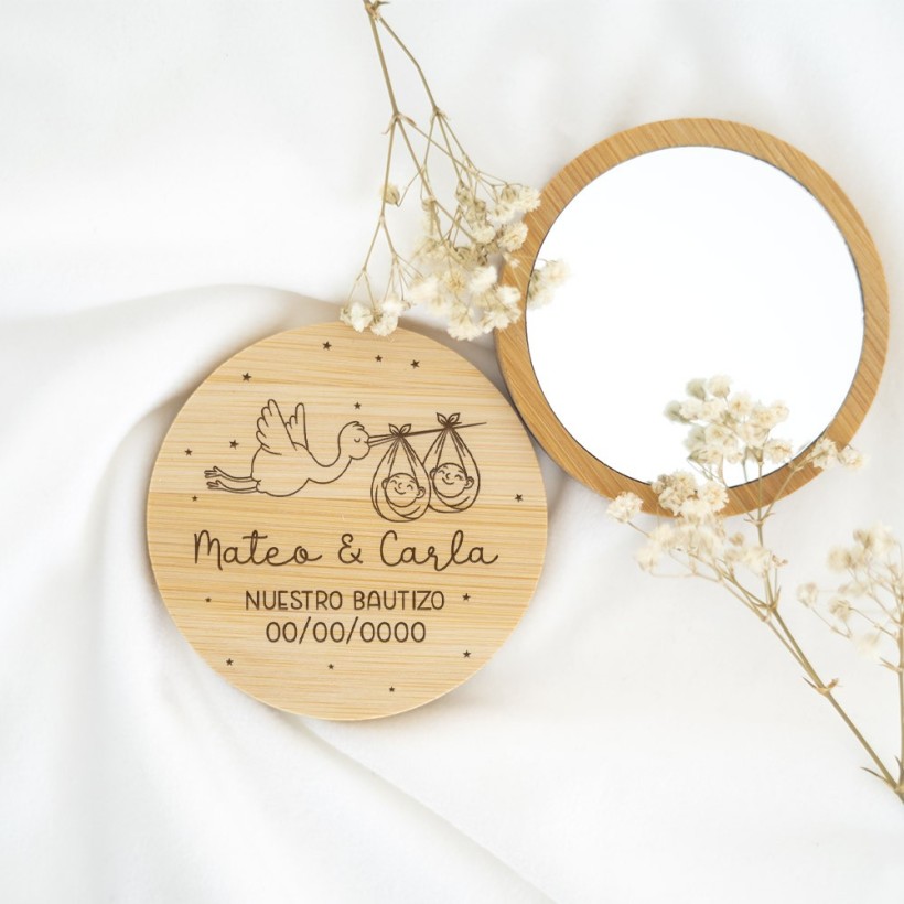 Espejo de madera personalizado - Cigüeña bautizo