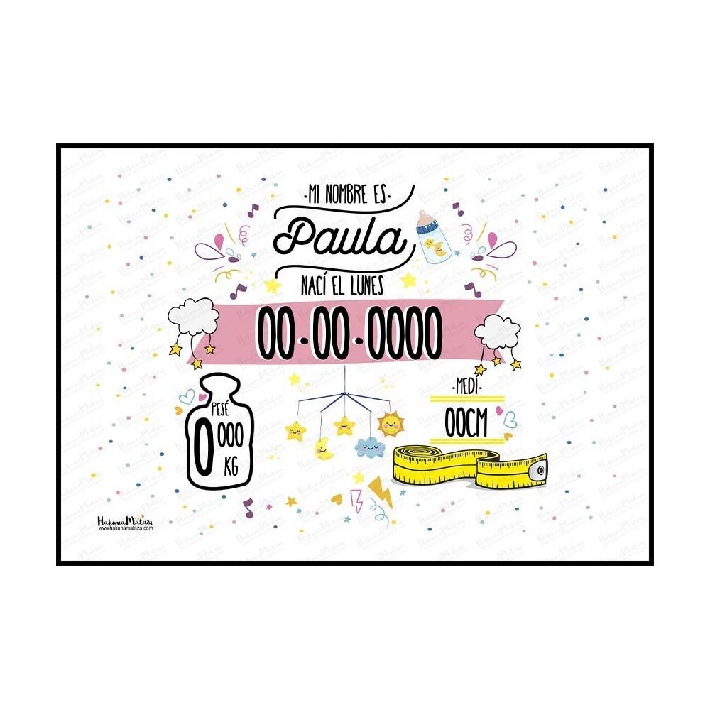 Lámina natalicio personalizada - Datos del bebé con diseño infantil