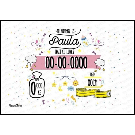 Lámina natalicio personalizada - Datos del bebé con diseño infantil