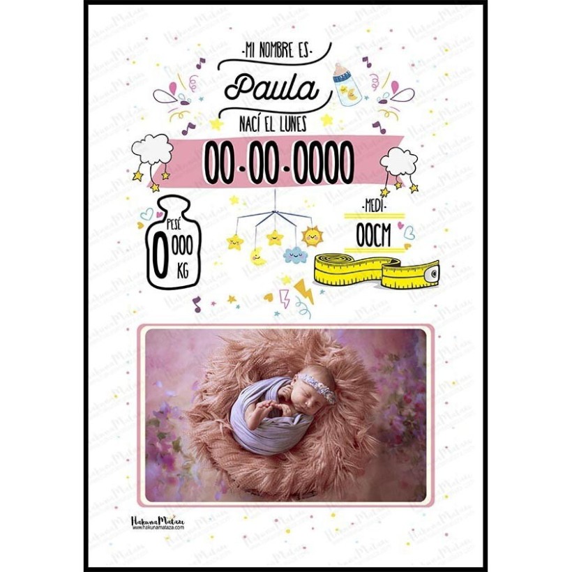 Lámina natalicio personalizada con foto - Datos del bebé con diseño infantil