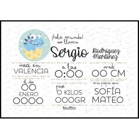 Lámina natalicio personalizada - Bienvenida al mundo dinosaurio Lámina natalicio personalizada - Bienvenida al mundo dinosaurio