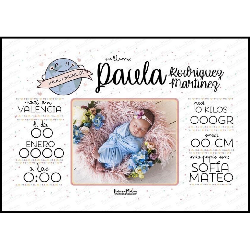 Lámina natalicio personalizada con foto - Hola mundo con foto y datos del bebé Lámina natalicio personalizada con foto - Hola mundo con foto y datos del bebé