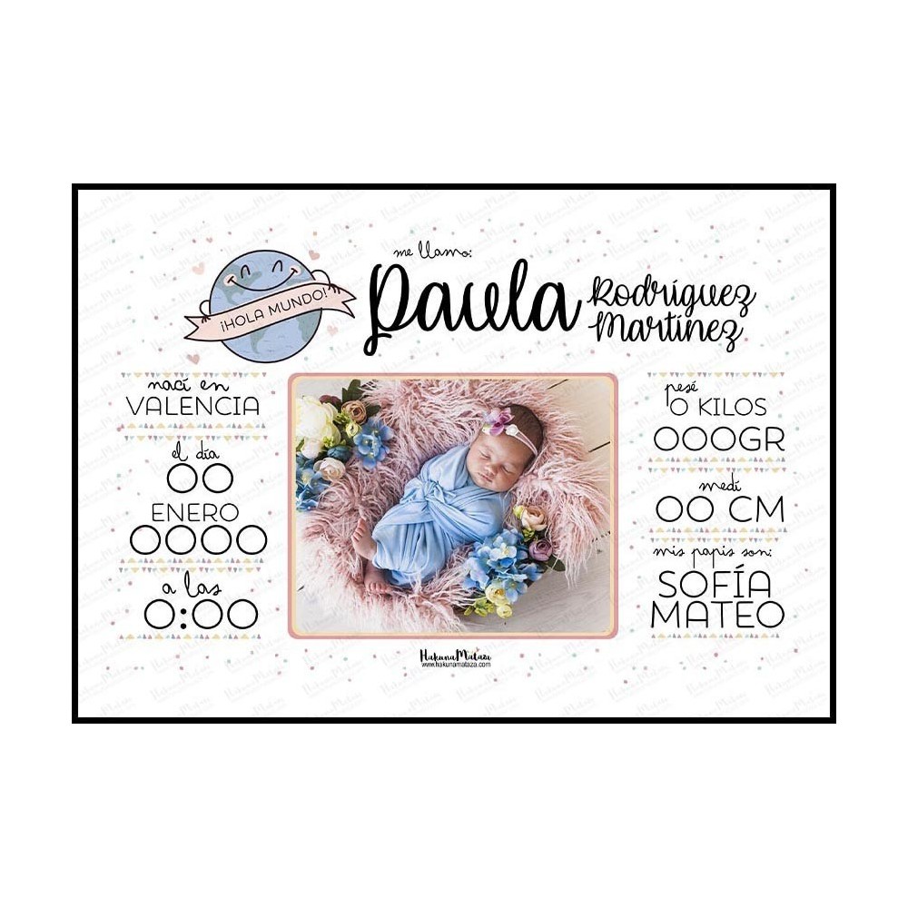 Lámina natalicio personalizada con foto - Hola mundo con foto y datos del bebé