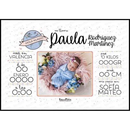 Lámina natalicio personalizada con foto - Hola mundo con foto y datos del bebé
