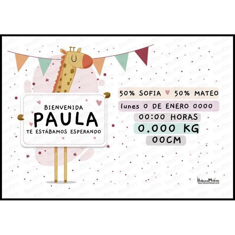 Lámina natalicio personalizada - Bienvenido bebé con jirafa y datos de nacimiento Lámina natalicio personalizada - Bienvenido bebé con jirafa y datos de nacimiento