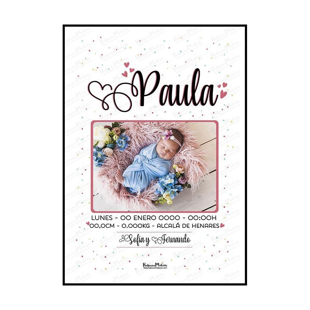 Lámina natalicio personalizada con foto - Nombre en grande con ornamentos