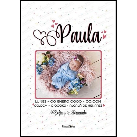 Lámina natalicio personalizada con foto - Nombre en grande con ornamentos Lámina natalicio personalizada con foto - Nombre en grande con ornamentos