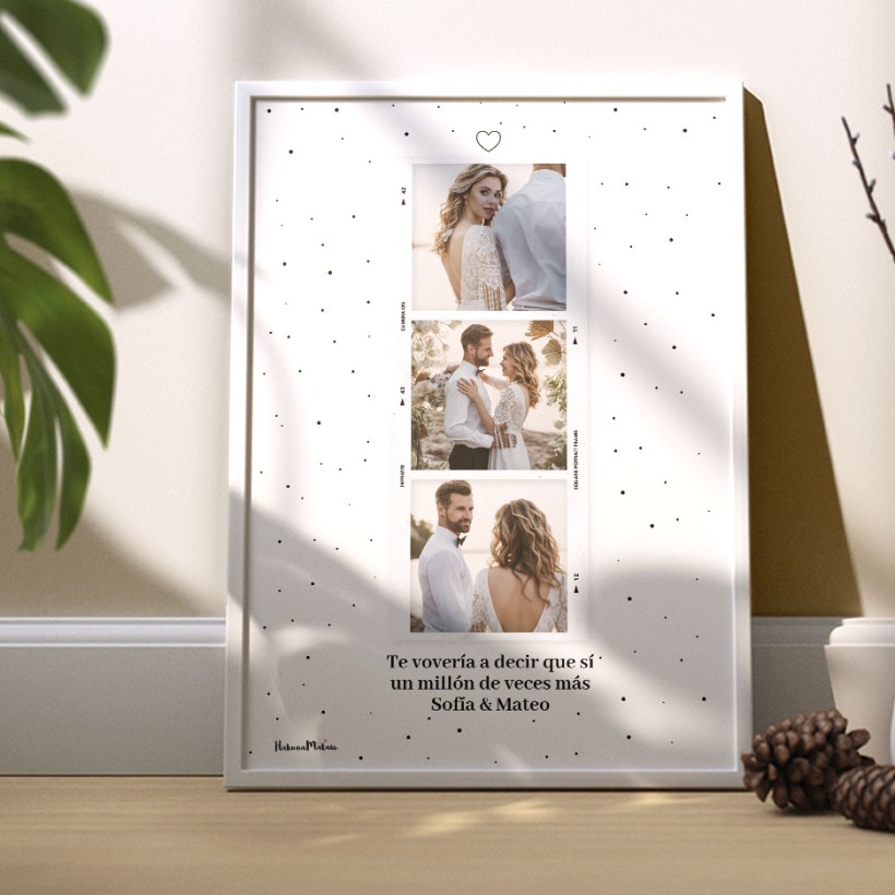 Lámina personalizada con tres fotos estilo Polaroid y frase 2