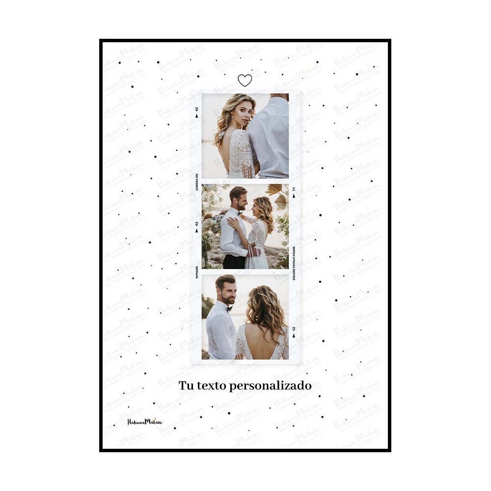 Lámina personalizada con tres fotos estilo Polaroid y frase