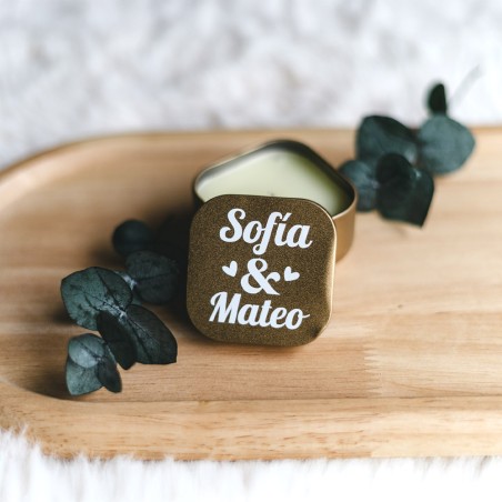Vela personalizada en caja metálica - Bodas