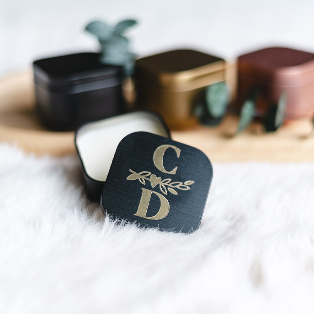 Vela personalizada en caja metálica - Bodas