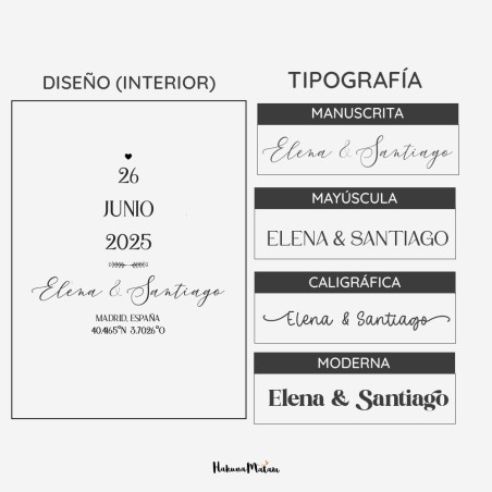 Opciones de tipografía para personalizar el texto en la portada, resaltando el diseño con iniciales elegantes.