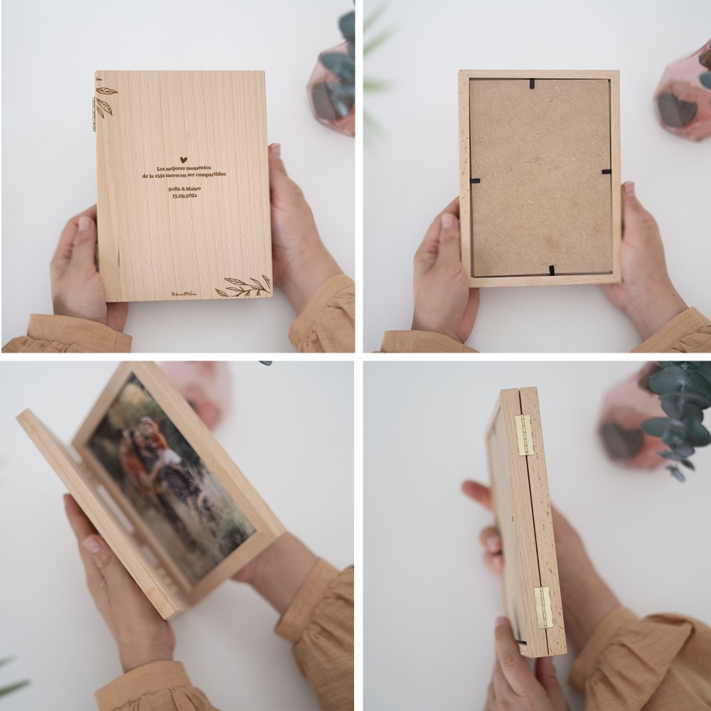 Detalles del marco libro, mostrando los acabados, la ventana de metacrilato y cómo se puede abrir para cambiar la foto.