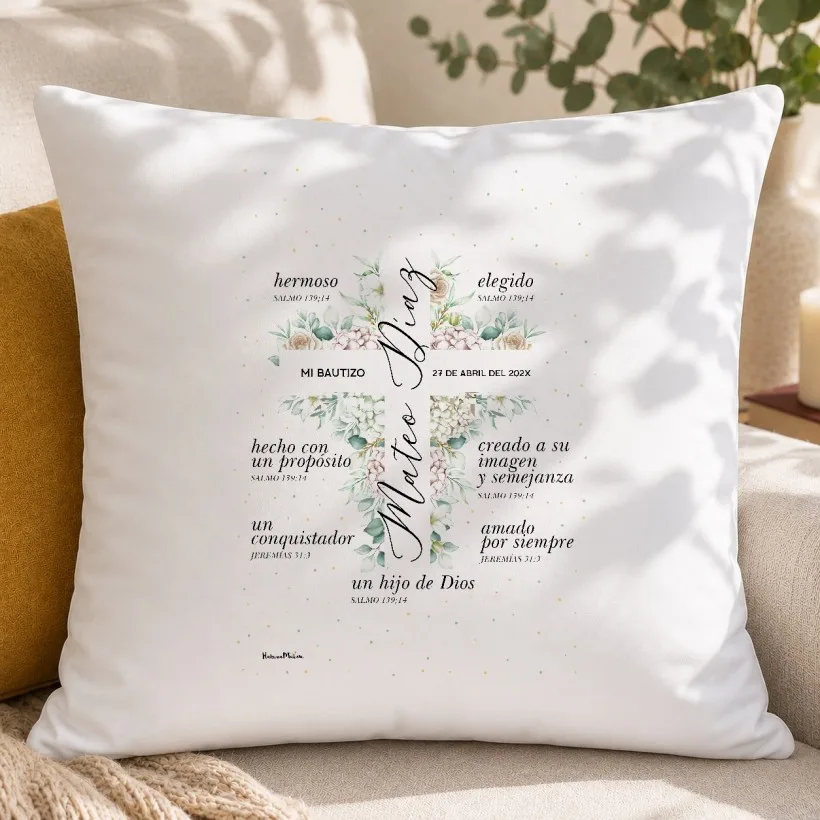 Cojín personalizado de bautizo - Cruz floral verde
