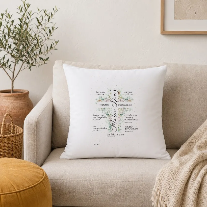 Cojín personalizado de bautizo - Cruz floral verde 2
