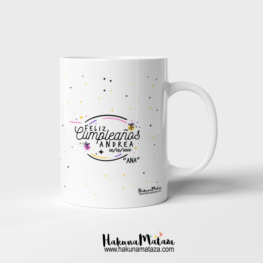 Detalle del diseño colorido y alegre de la taza
